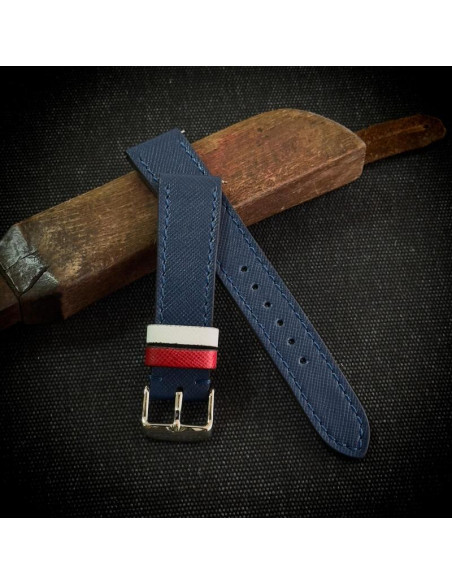 Blue Saffiano + 1st Red loop + 2nd White loop